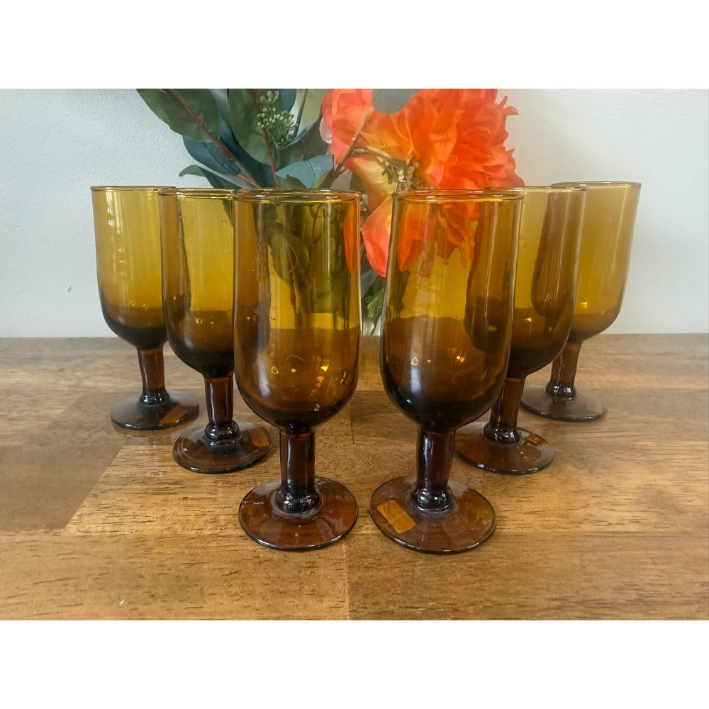 Vintage Amber Spain Stemmed Cordial Glasses Set 6 Mid Century Barware Aperitif